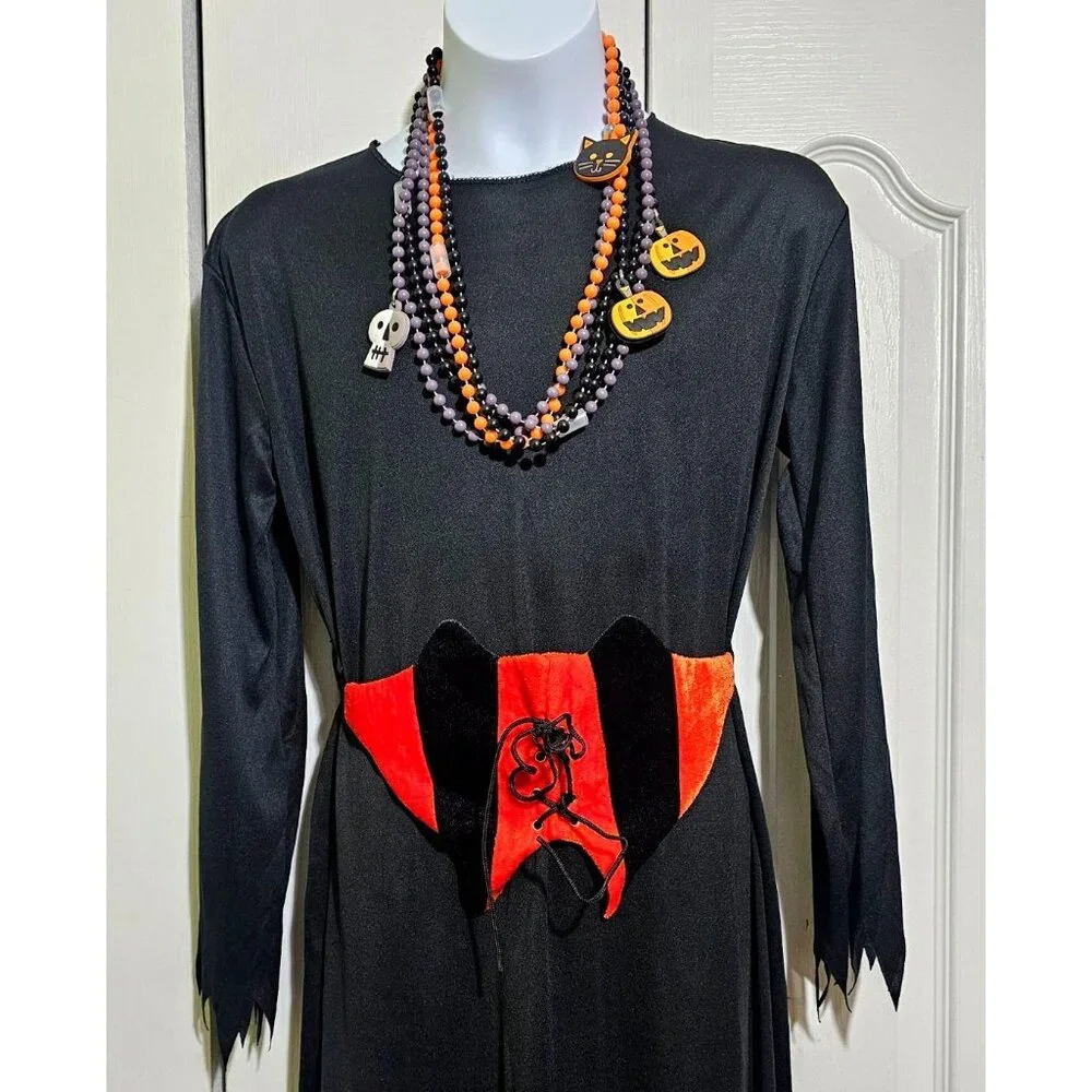 Witch Costume Girls 8-10 Dress Wig Hat Orange Belt Necklace Tattoo Halloween Set - Picture 2 of 6